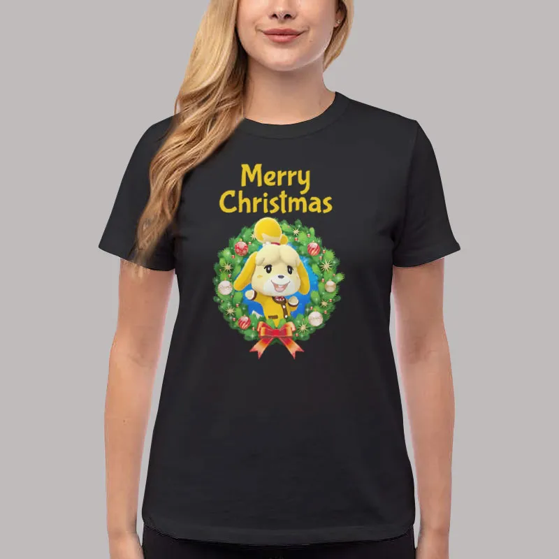 Women T Shirt Black Nintendo Animal Crossing Merry Christmas Wreath T Shirt, Sweatshirt And Hoodie