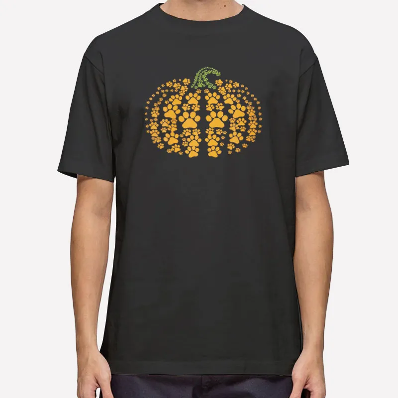 Mens T Shirt Black Dog Cat Paw Print Pumpkin Halloween Pet Lover T Shirt