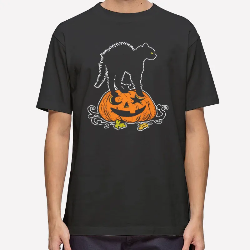 Mens T Shirt Black Halloween Pumpkin Black Cat Halloween T Shirt