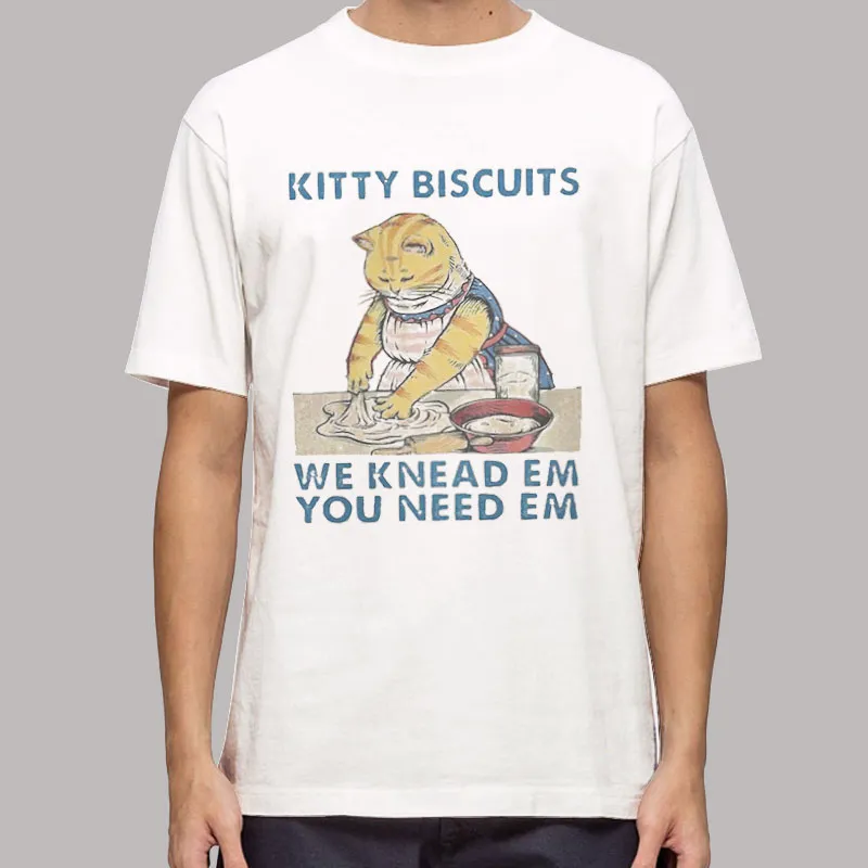 Mens T Shirt White Funny Cat Lover Kitty Biscuits Shirt