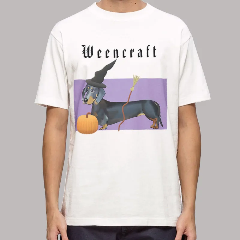 Mens T Shirt White Halloween Weencraft Dachshund Witch Funny T Shirt
