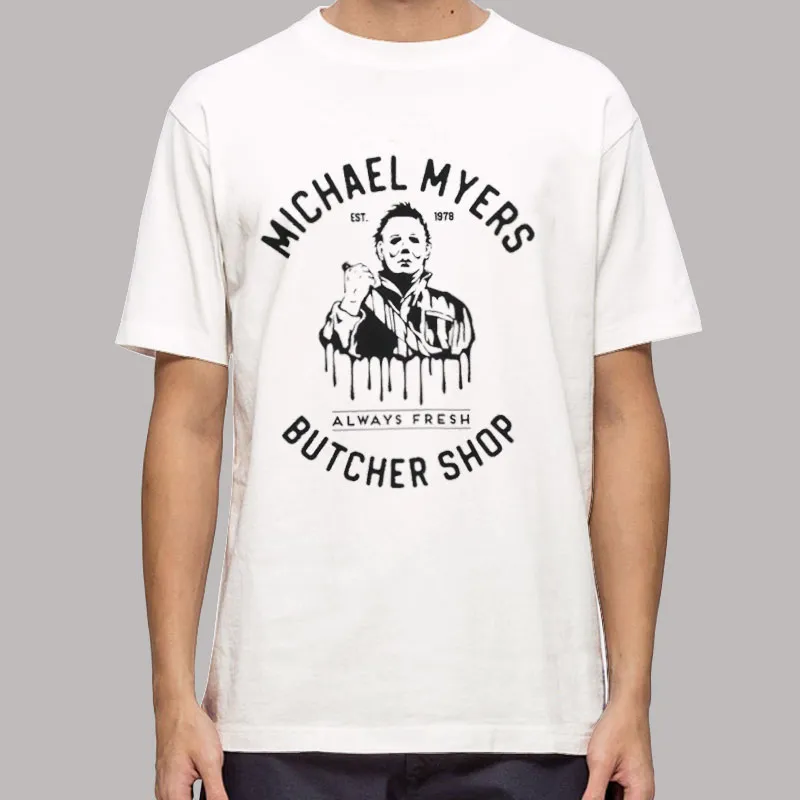 Mens T Shirt White Michael Myers Butcher Shop Friday The 13th Halloween Shirt