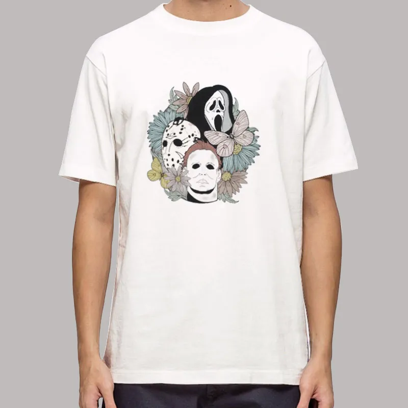 Mens T Shirt White Scream, Jason, Michael Myers, Horror Movie Floral Shirt