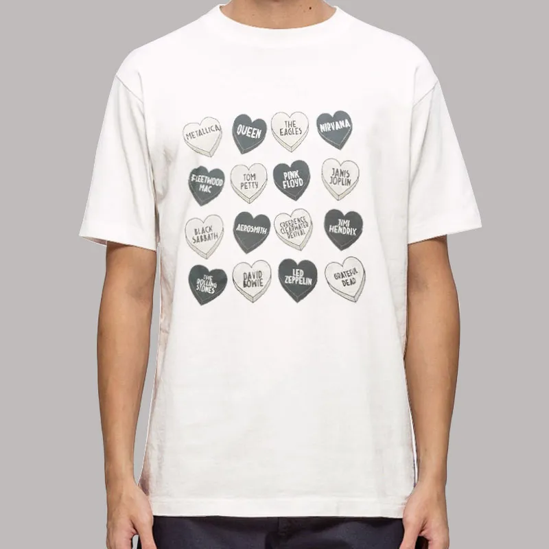 Mens T Shirt White Vintage Rock Band Hearts Shirt