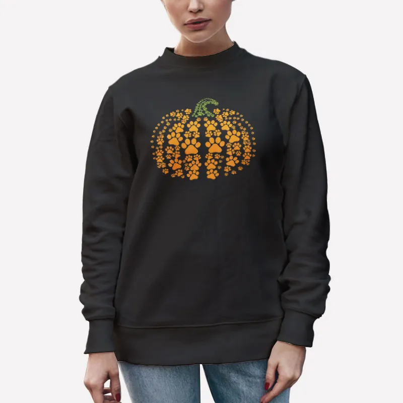 Unisex Sweatshirt Black Dog Cat Paw Print Pumpkin Halloween Pet Lover T Shirt