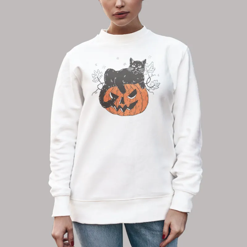 Unisex Sweatshirt White Black Cat On Pumpkin Sweatshirt