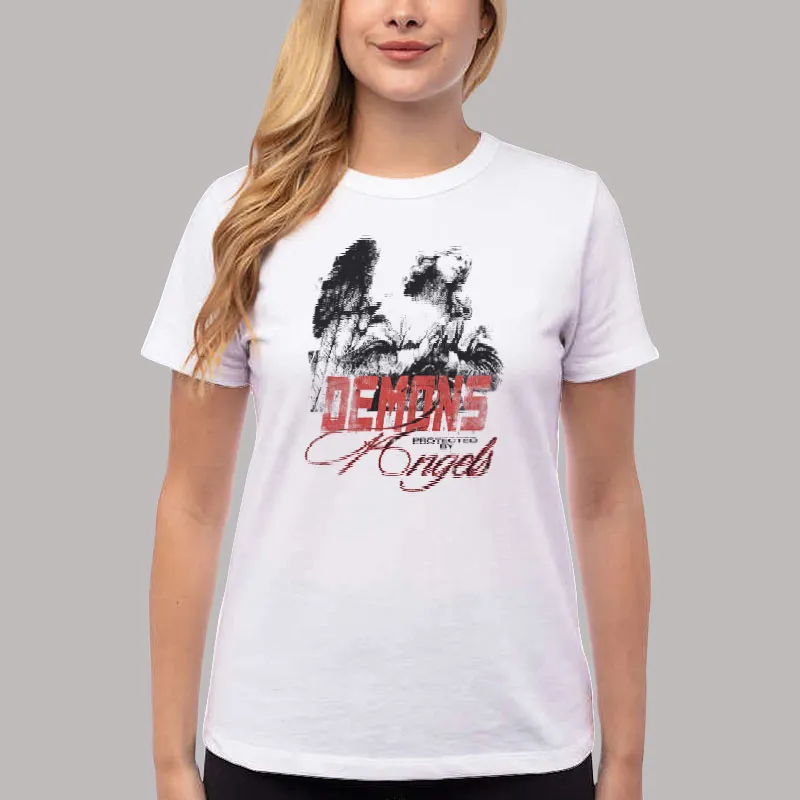 Women T Shirt White 90s Vintage Demons Protected By Angels Shirt