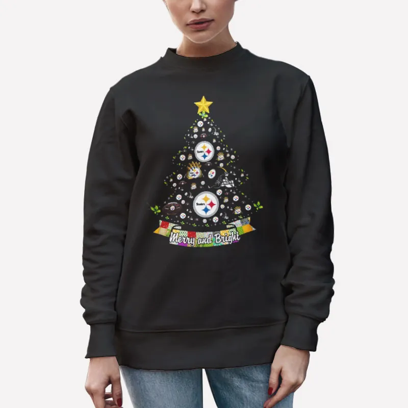 Unisex Sweatshirt Black Merry And Bright Steelers Christmas Tree Shirt