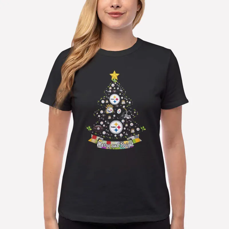 Women T Shirt Black Merry And Bright Steelers Christmas Tree Shirt
