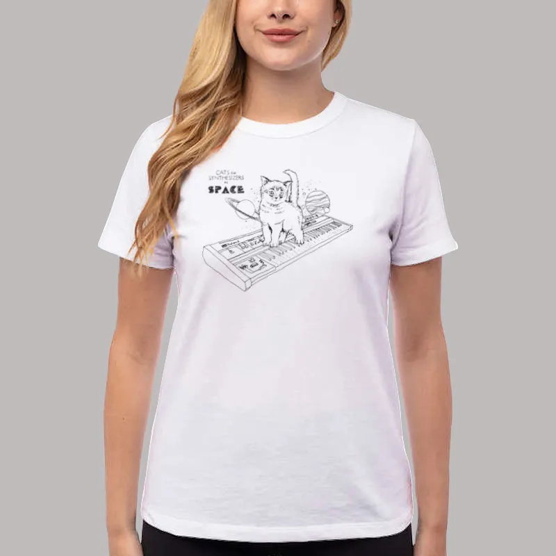 Women T Shirt White Funny Cats On Synthesizers In Space Shirt