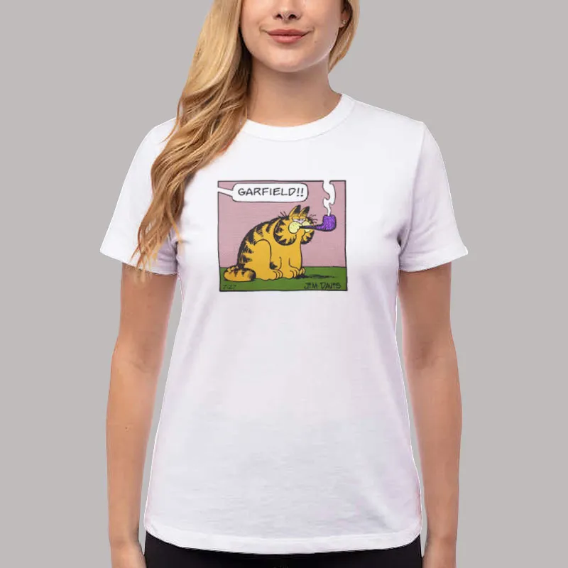 Women T Shirt White Garfield Smoking By Smoking A Pipe Shirt