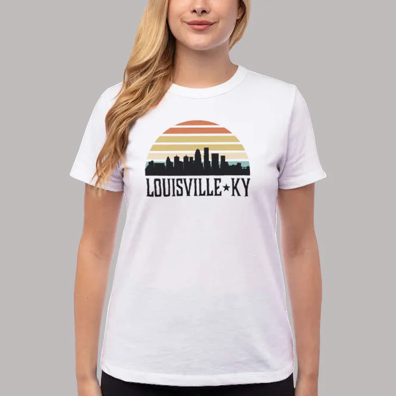 Women T Shirt White Louisville Ky Skyline Retro Sunset Shirt