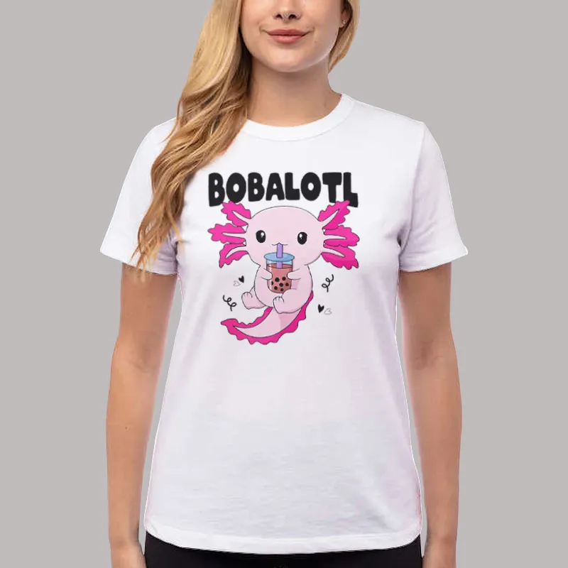 Women T Shirt White Bobalotl Kawaii Axolotl Drinking Boba Shirt