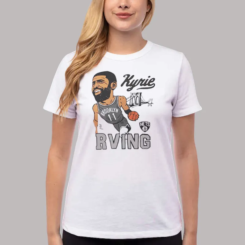 Women T Shirt White Brooklyn Nets Gray Caricature Kyrie Irving Shirt