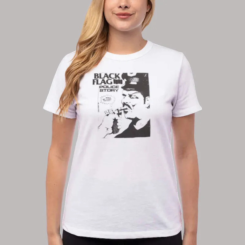 Women T Shirt White Vintage 80s Black Flag Police Story Shirt
