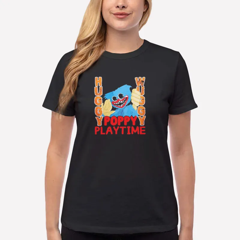 Women T Shirt Black Huggy Wuggy Horror Game Poppy Playtime Merch Shirt
