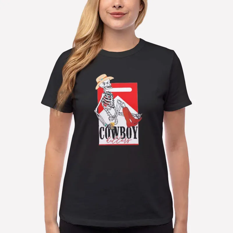 Women T Shirt Black Retro Skeleton Cowboy Killer Shirt