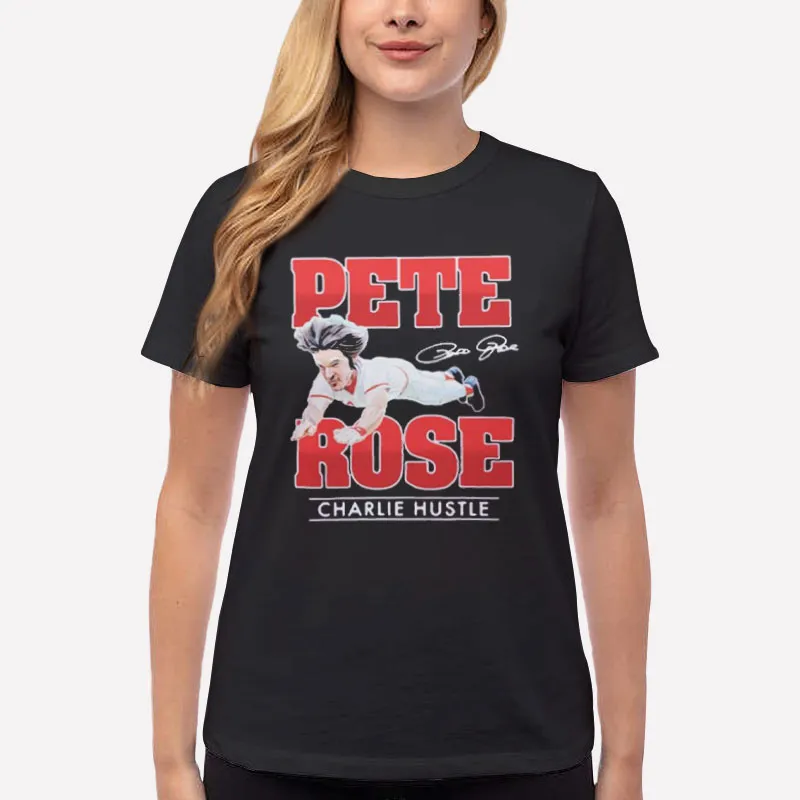 Women T Shirt Black Charlie Hustle Signature Pete Rose Shirt