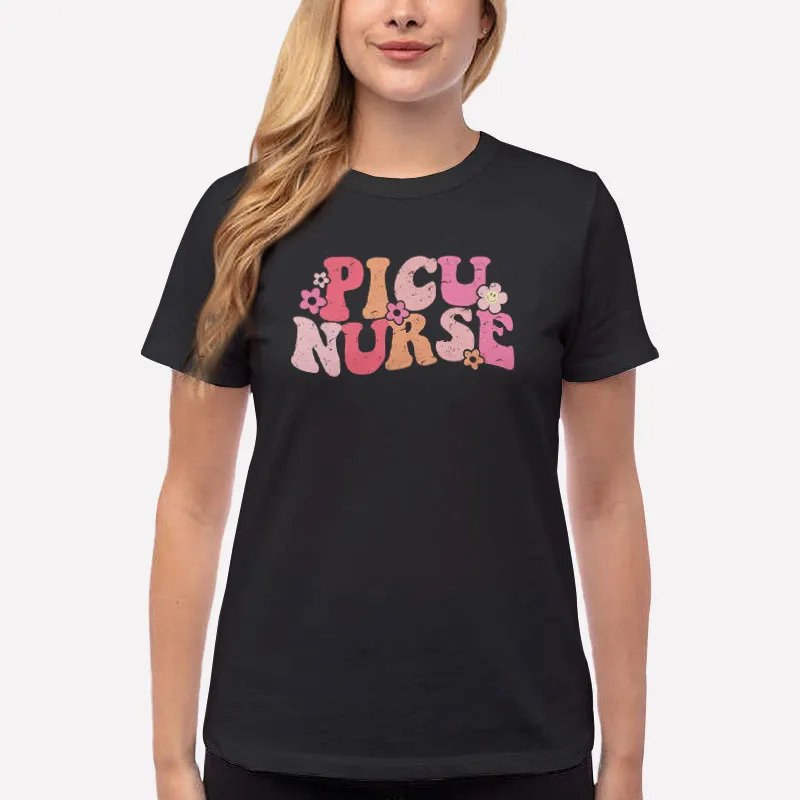Women T Shirt Black Retro Pediatric Intensive Care Picu Nurse Shirt