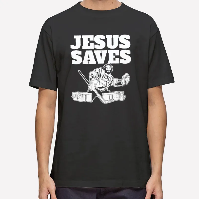 Mens T Shirt Black Hockey Goalie Jesus Saves Sweatshirt