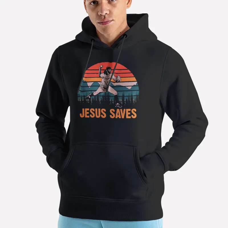 Unisex Hoodie Black Funny Baseball Jesus Saves Sweatshirt
