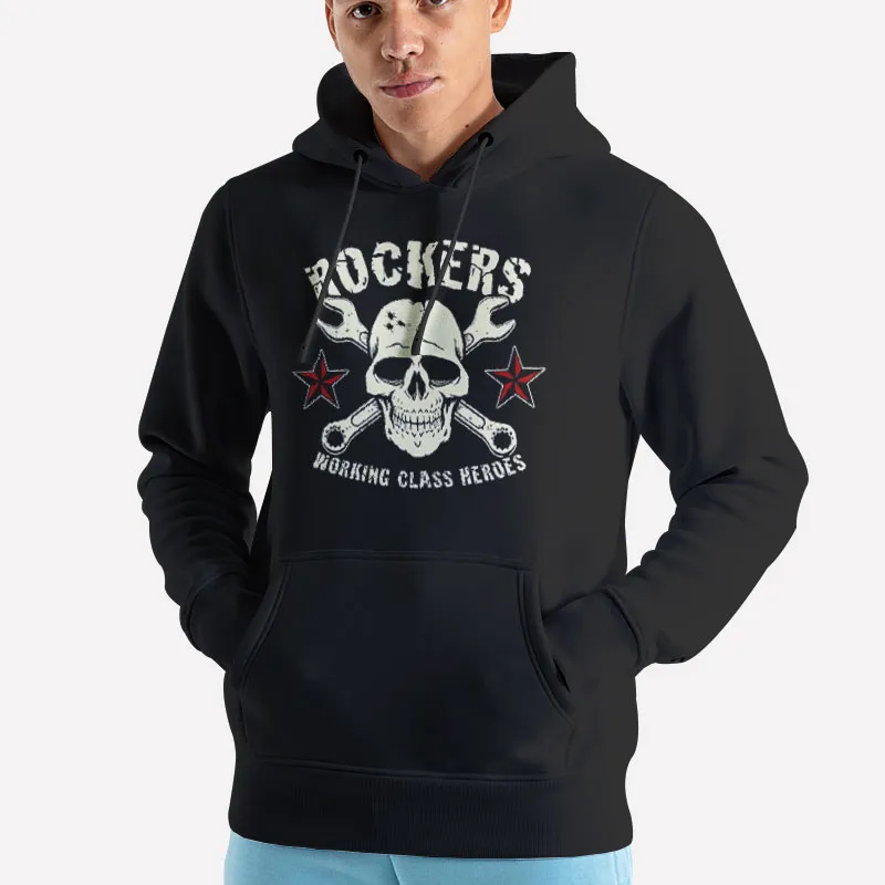 Unisex Hoodie Black Funny Skull Working Class Heroes Rocker Shirt