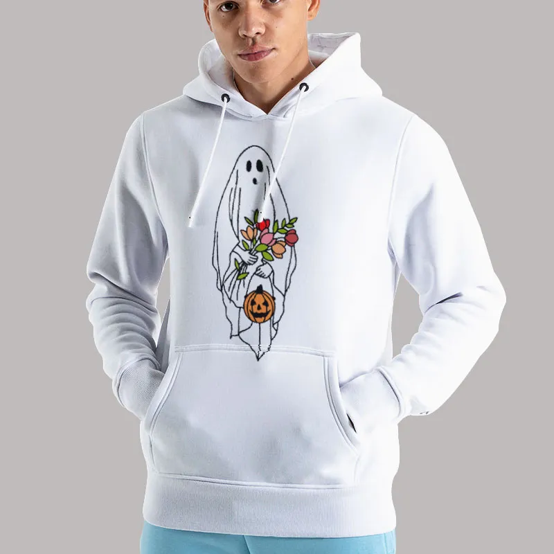 Unisex Hoodie White Funny Halloween Trick Or Treat Floral Ghost Shirt