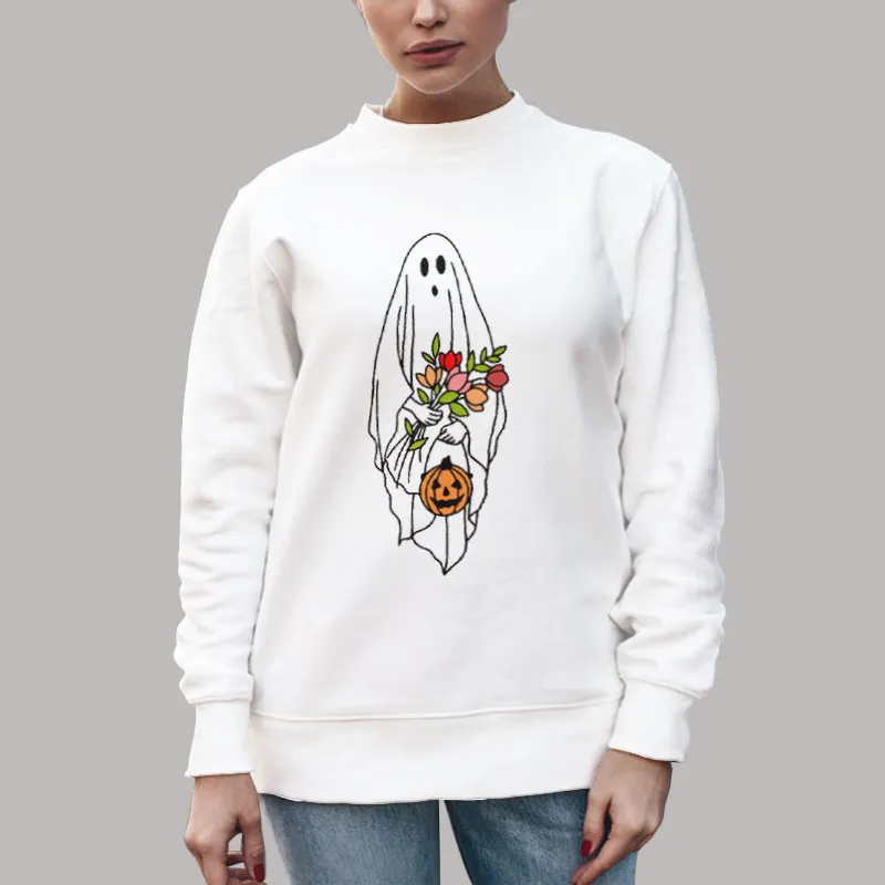 Unisex Sweatshirt White Funny Halloween Trick Or Treat Floral Ghost Shirt
