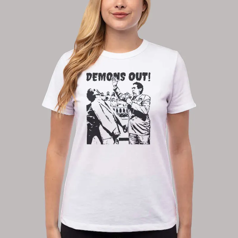 Women T Shirt White Funny Demons Out The Exorcist Satan Atheist Shirt