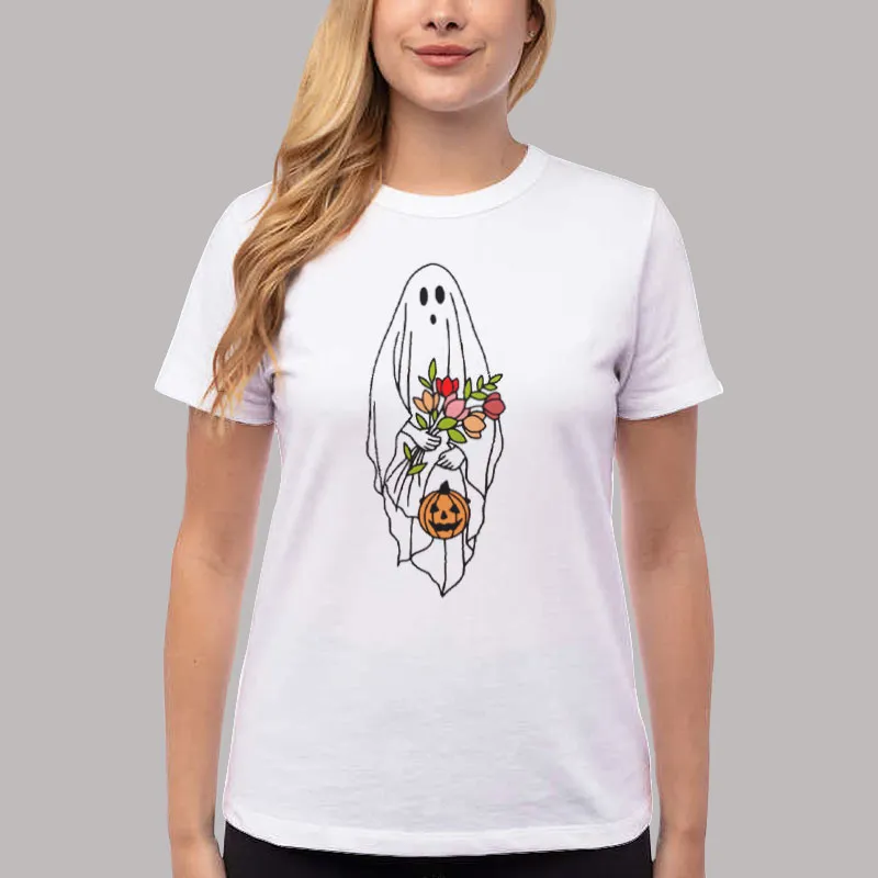 Women T Shirt White Funny Halloween Trick Or Treat Floral Ghost Shirt