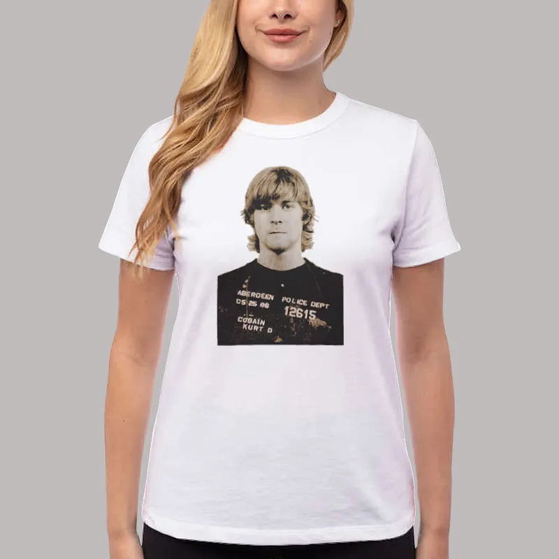 Women T Shirt White Vintage Inspired Kurt Cobain Mugshot T Shirt