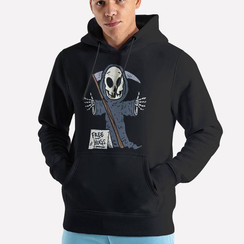Unisex Hoodie Black Funny Free Hugs Reaper Skull Rock T Shirt