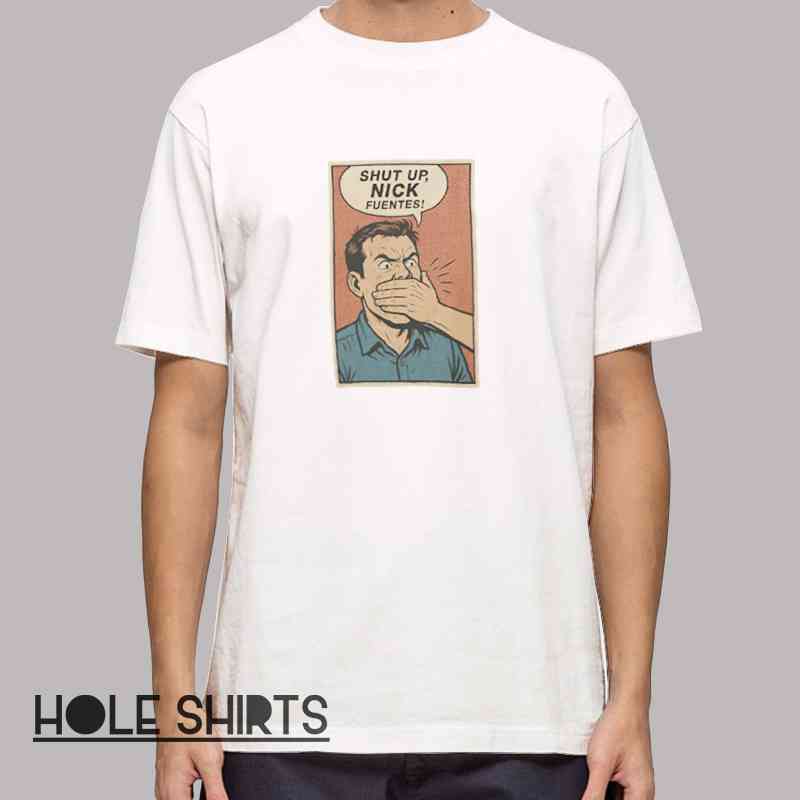 Cartoon mugshot parody t-shirt featuring bold “Shut Up” political satire design, humorous protest graphic tee for meme culture fans, activism events, and statement streetwear style.