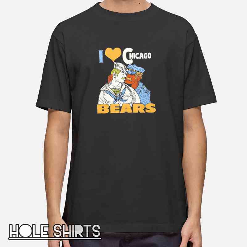 Funny Chicago football parody t-shirt featuring rainbow pride themed Bears-inspired graphic, LGBTQ sports fan apparel, inclusive football humor tee for game day and pride events.