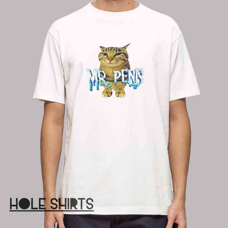 Funny cat parody t-shirt featuring quirky Mr. Cat character with cheeky humor design, novelty animal meme tee for cat lovers, playful adult humor fans, and casual graphic streetwear style.