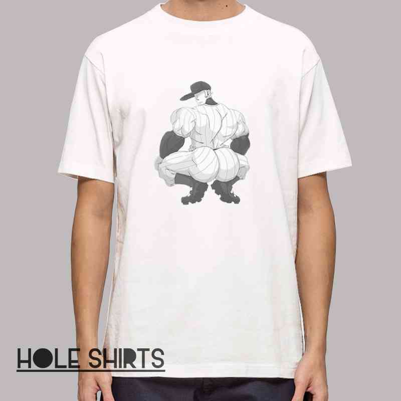 Funny anime parody t-shirt featuring muscular warrior character graphic with bold humor text, meme-inspired streetwear for anime fans, otaku culture lovers, and casual graphic fashion style.