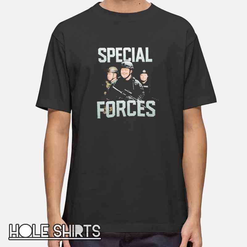 Down syndrome awareness t-shirt featuring Special Forces themed graphic, supportive disability awareness apparel promoting inclusion, acceptance, advocacy, and positive community support style.