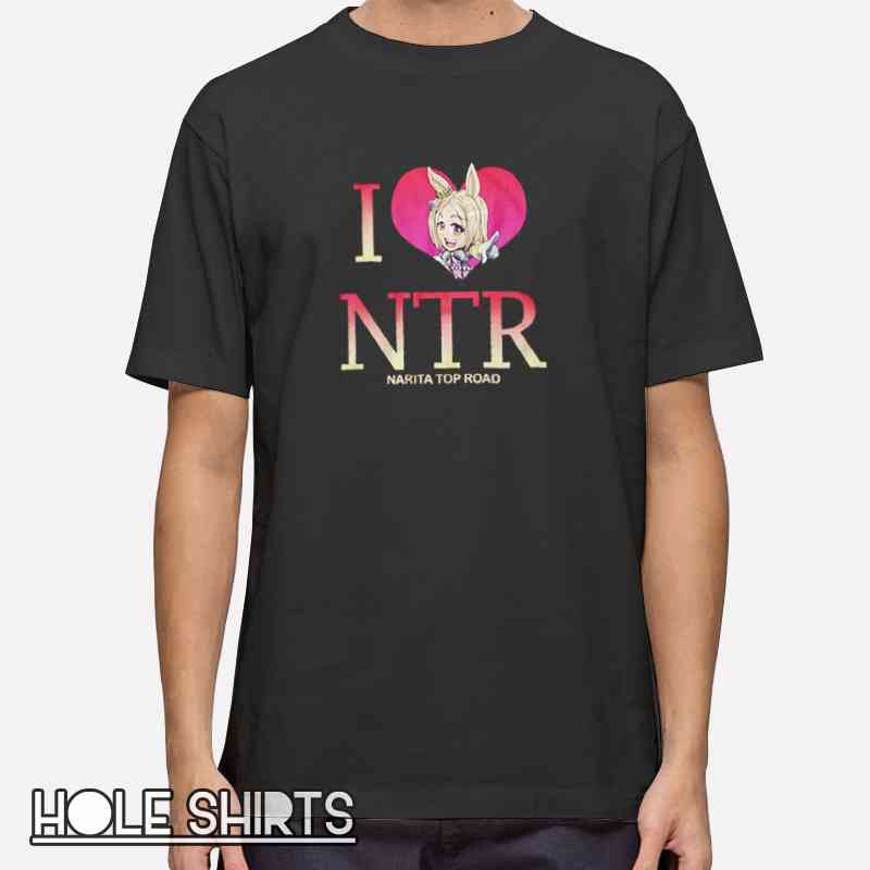 Anime game inspired t-shirt featuring Narita Top Road character graphic with “I Love” slogan, cute horse girl fan apparel for anime lovers, gaming fans, and otaku streetwear style.