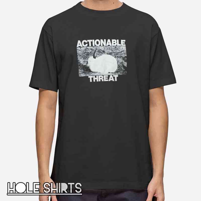 Vintage rabbit portrait t-shirt featuring funny “Actionable Threat” text, quirky animal graphic tee for dark humor fans, meme lovers, and retro streetwear aesthetic fashion style.