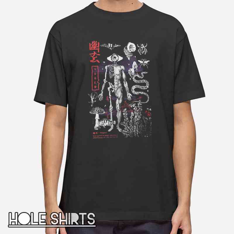 Gothic skeleton Yugen Japanese death wisdom t-shirt featuring dark aesthetic skull art, samurai philosophy, spiritual design, anime gothic streetwear, Japanese culture graphic tee