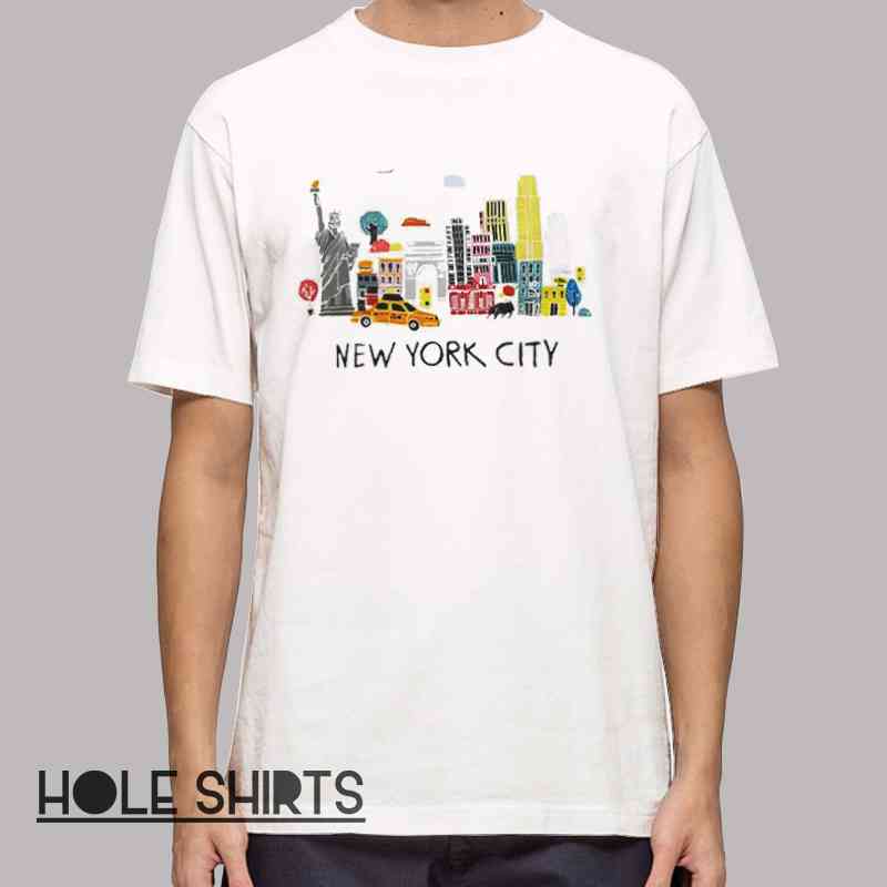 New York City NYC skyline landmarks shirt with iconic cityscape graphic, urban travel t-shirt, Manhattan skyline design, tourist souvenir tee, modern streetwear apparel