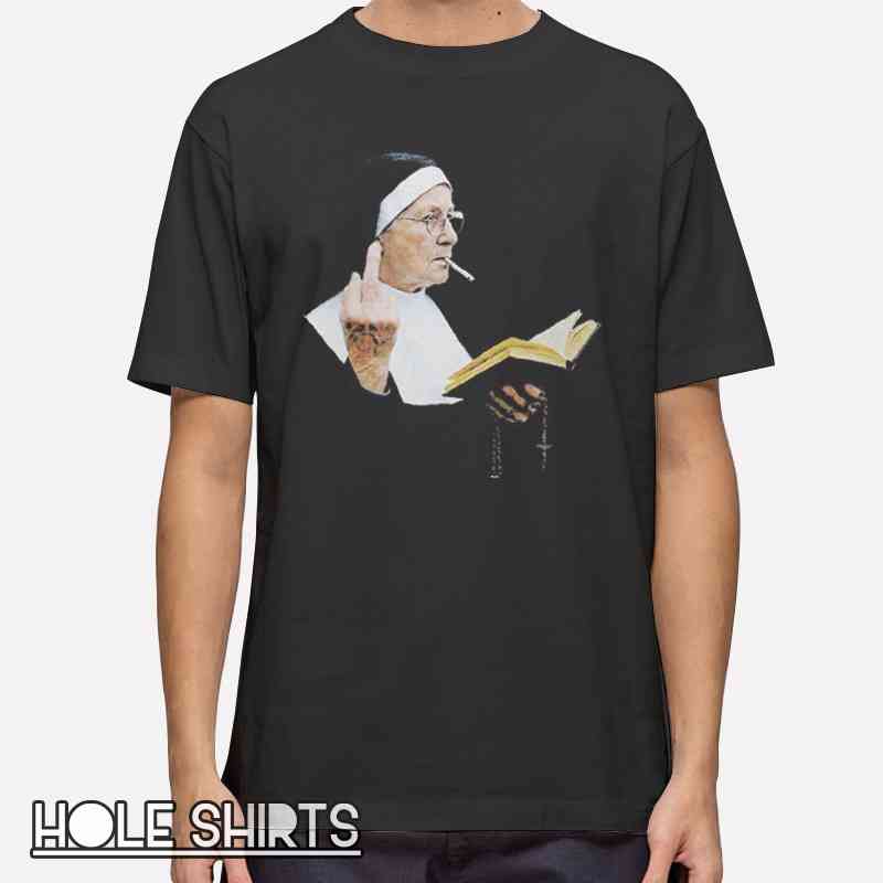 Unholy nun smoking middle finger shirt with edgy gothic graphic, rebellious humor design, dark satire apparel, controversial streetwear tee, bold statement t-shirt