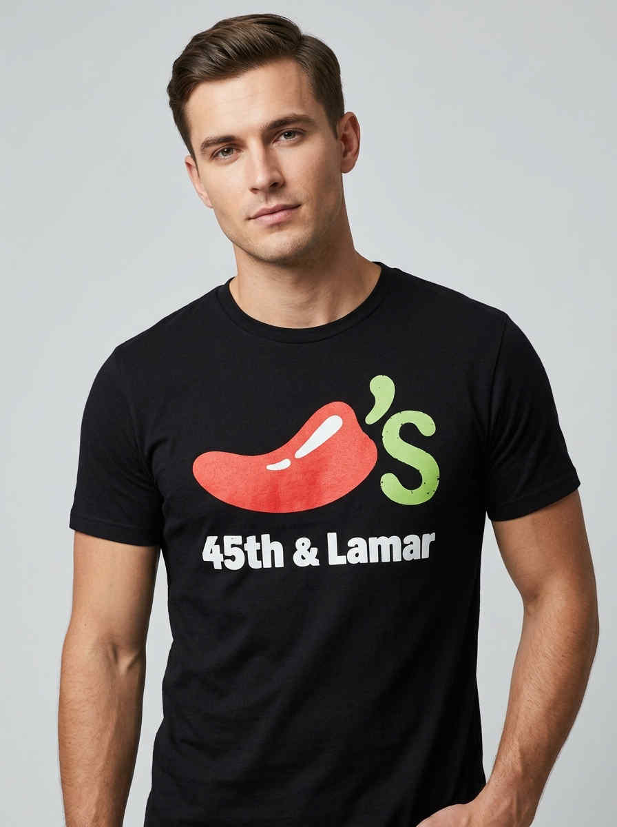 Austins Favorite Meme Chilis 45th and Lamar Shirt featuring funny local meme-inspired graphic, Austin culture humor apparel, retro restaurant parody, and casual streetwear fashion