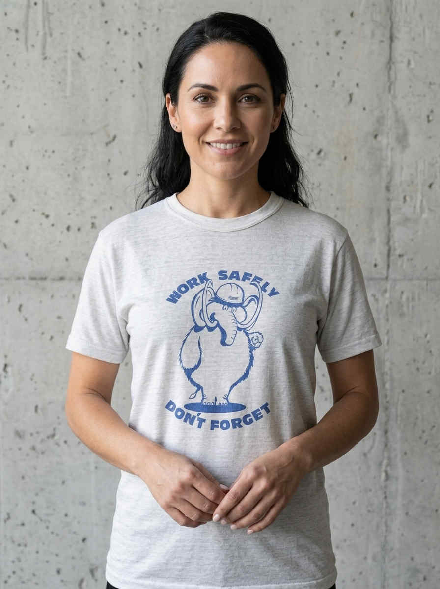 Rare Vintage 80s Work Safely Mammoth Shirt featuring retro workplace safety graphic, nostalgic mammoth illustration, vintage industrial apparel, and classic 80s streetwear fashion