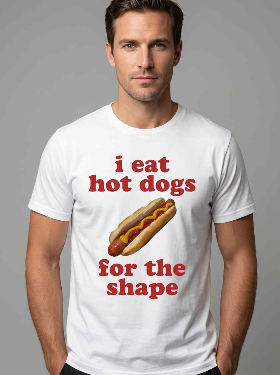 Sarcastic Hot Dog Eat For The Shape Shirt featuring funny food humor graphic, playful sarcastic slogan design, casual meme streetwear apparel, and quirky fashion tee