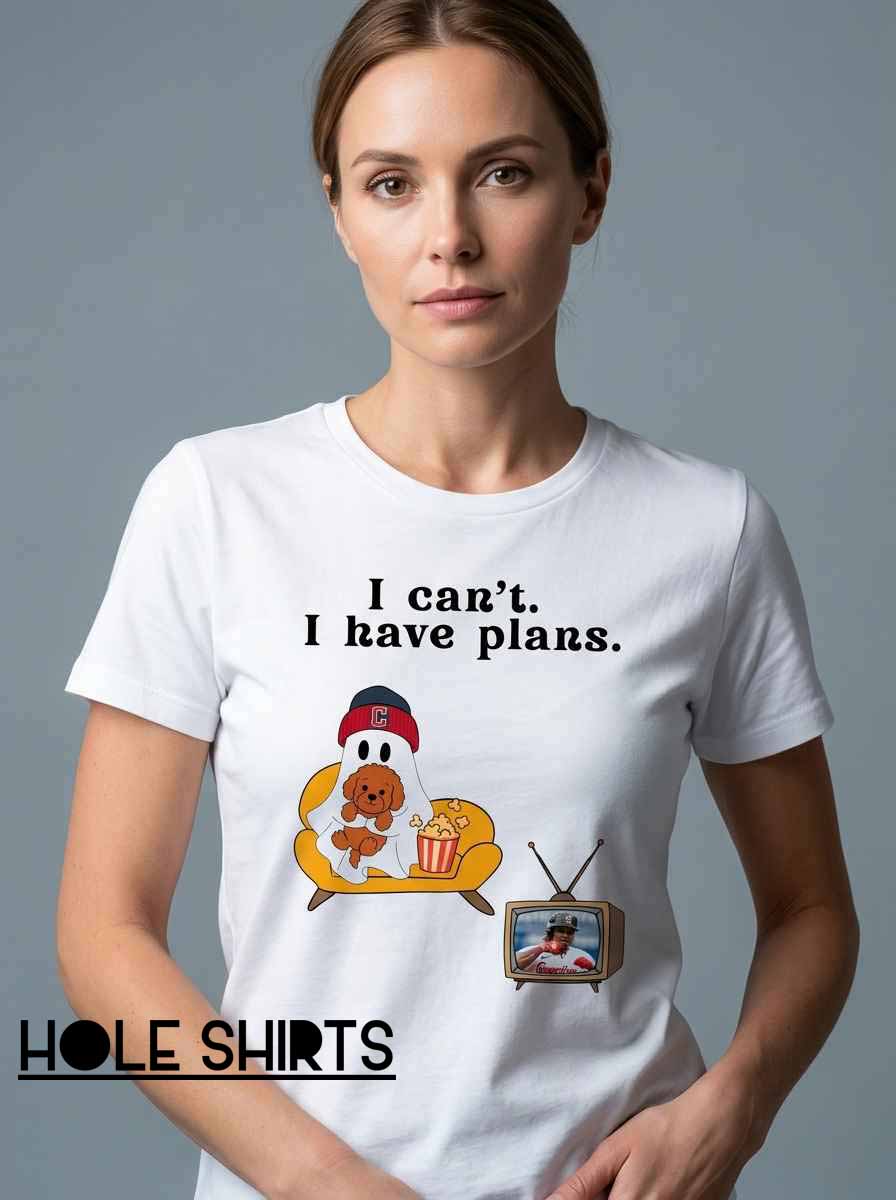 Cute Ghost I Can't I Have Plans Shirt featuring an adorable ghost and a funny introvert slogan, cute spooky graphic tee design, Halloween humor, and playful apparel for fans of ghost-themed fashion.