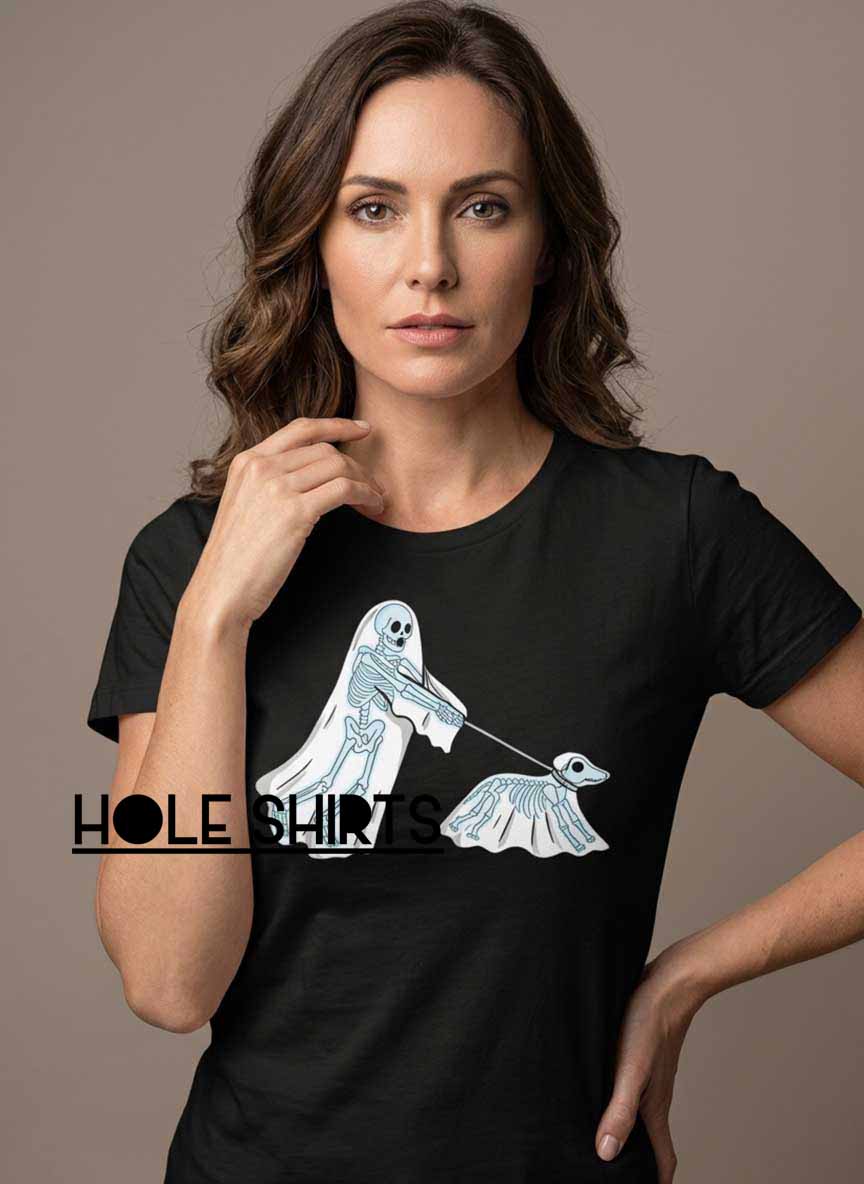 Halloween Vibes Ghost Walking Dog Shirt featuring a spooky ghost walking a dog, cute Halloween character artwork, funny pet-themed graphic tee, and festive autumn apparel for dog lovers.