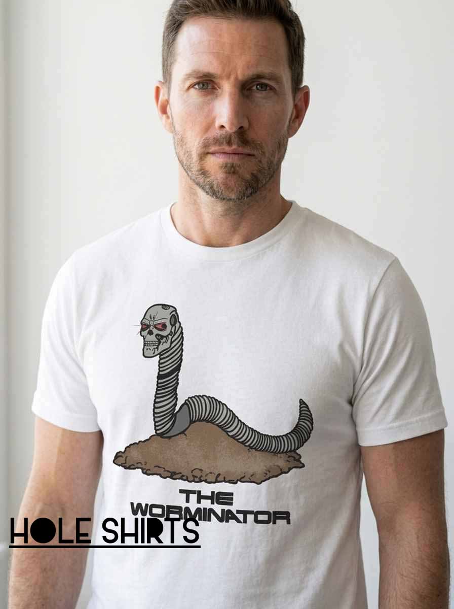 The Worminator Parody Robotic Shirt featuring a funny robotic worm character and retro sci-fi parody artwork for science fiction fans, novelty apparel lovers, and fans of quirky graphic tees.